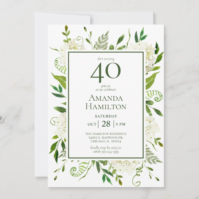 Invitación Hydrangeas Blancas Cumpleaños 40 (Anverso)