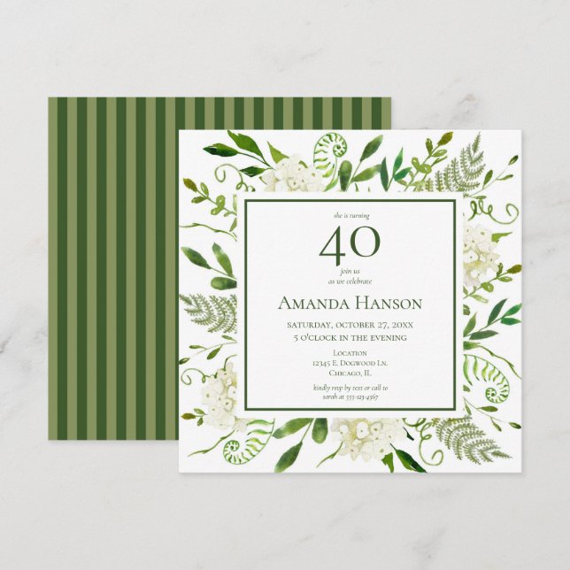 Invitación Hydrangeas Blancas Cumpleaños 40 (Anverso / Reverso)