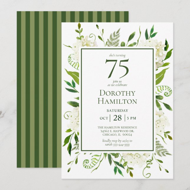 Invitación Hydrangeas blancas para el 75 cumpleaños (Anverso / Reverso)