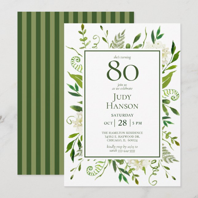 Invitación Hydrangeas blancas para el 80 cumpleaños (Anverso / Reverso)