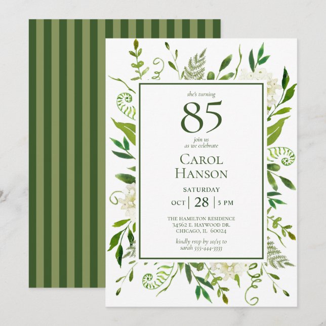 Invitación Hydrangeas blancas para el 85 cumpleaños (Anverso / Reverso)