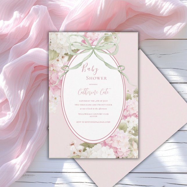 Invitación Hydrangeas Blancas Rosadas Cumpleaños de Bebé Verd (Subido por el creador)