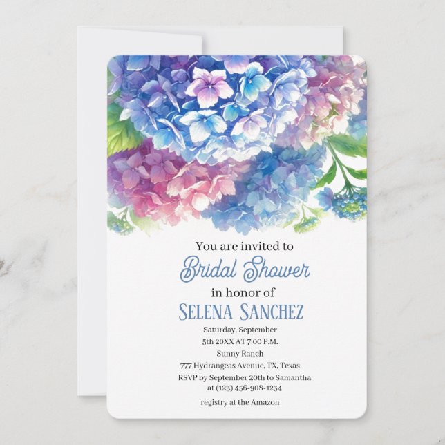 Invitación Hydrangeas Blue Floral Watercolor Británico (Anverso)