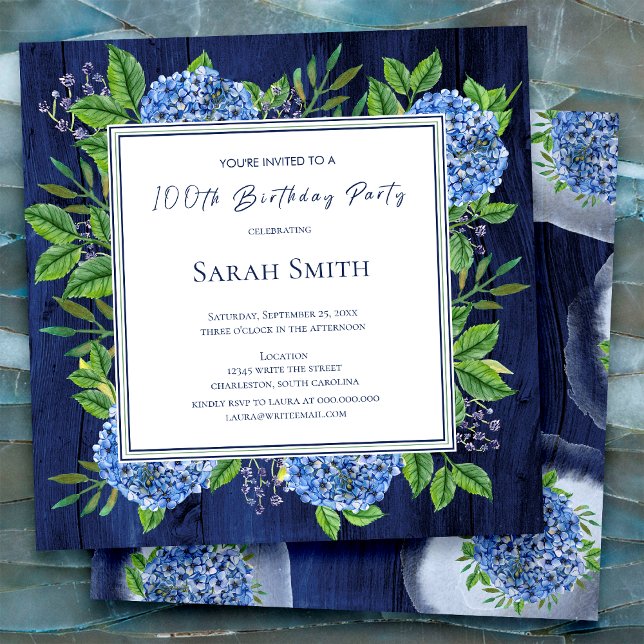 Invitación Hydrangeas Blue Rustic Wood 100 cumpleaños (Subido por el creador)