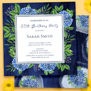 Invitación Hydrangeas Blue Rustic Wood 80 cumpleaños