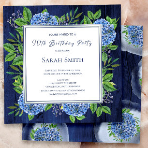 Invitación Hydrangeas Blue Rustic Wood 90 cumpleaños