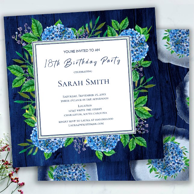 Invitación Hydrangeas Blue Rustic Wood Fiesta de Cumpleaños 1 (Subido por el creador)