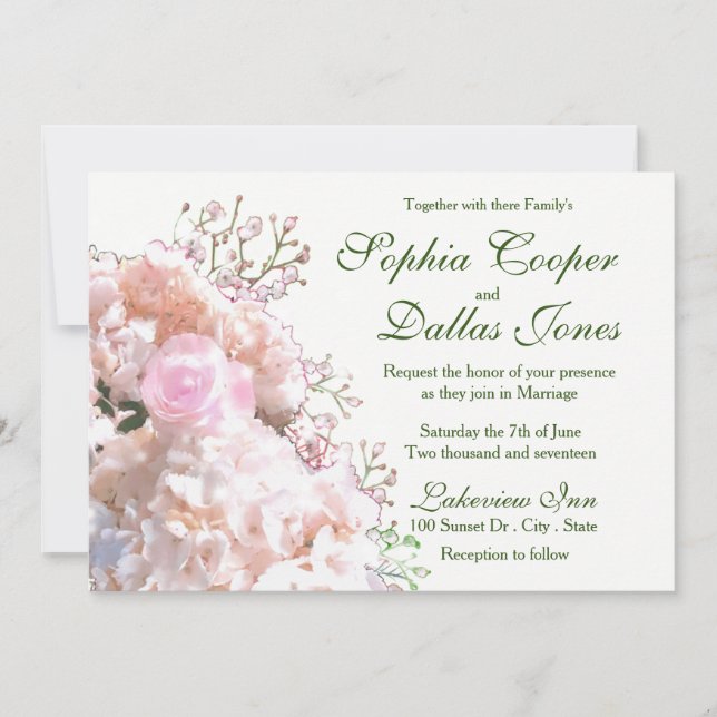 Invitación Hydrangeas de encaje blanco romántico rosas rosada (Anverso)