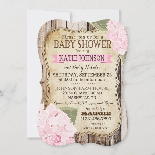Invitación Hydrangeas del país y Baby Shower de madera (Anverso)