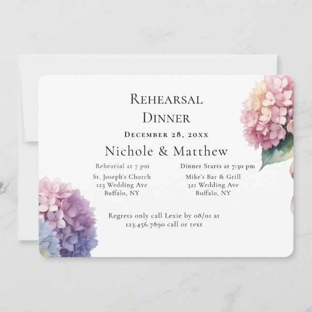 Invitación Hydrangeas Elegantes en Acuarela Cena de Ensayo (Anverso)