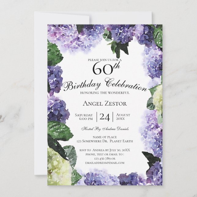 Invitación Hydrangeas Marfil y Moradas | Cumpleaños 60 Blanco (Anverso)