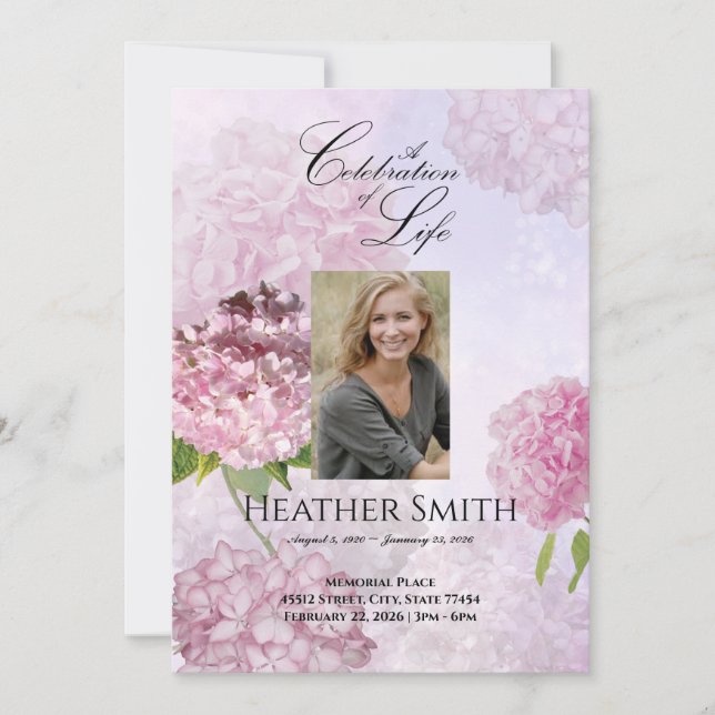 Invitación Hydrangeas rosa celebración del funeral de la vida (Anverso)