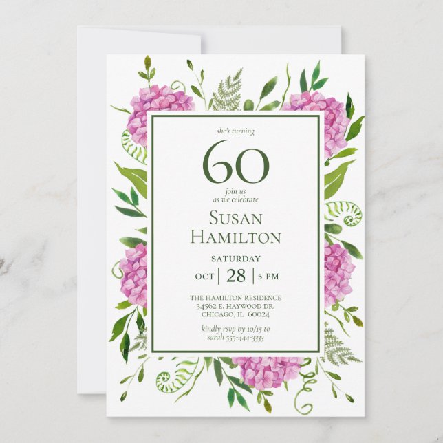 Invitación Hydrangeas rosadas para 60 cumpleaños (Anverso)