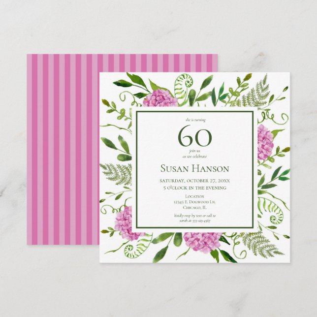 Invitación Hydrangeas rosadas para 60 cumpleaños (Anverso / Reverso)