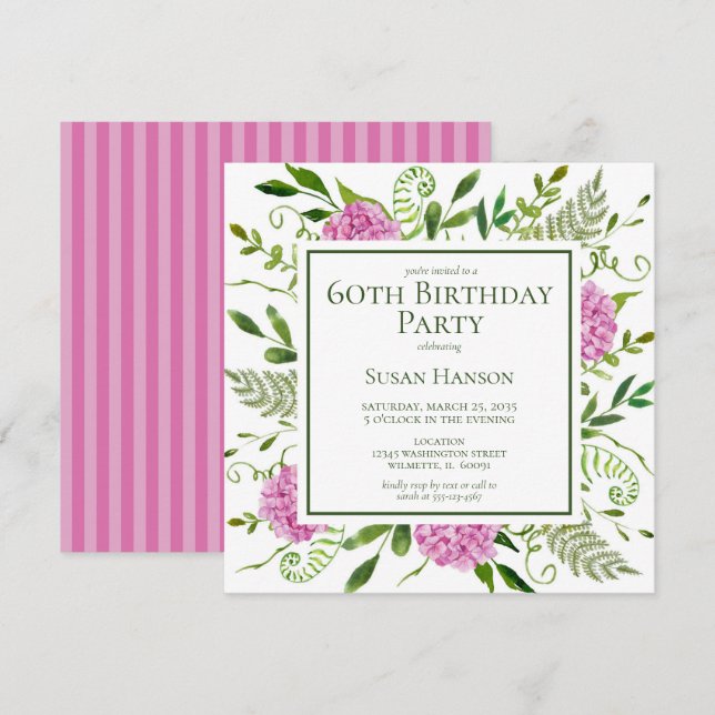 Invitación Hydrangeas rosadas para 60 cumpleaños (Anverso / Reverso)