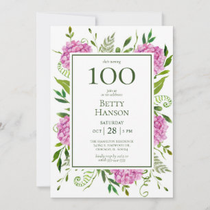Invitación Hydrangeas rosadas por cumpleaños 100