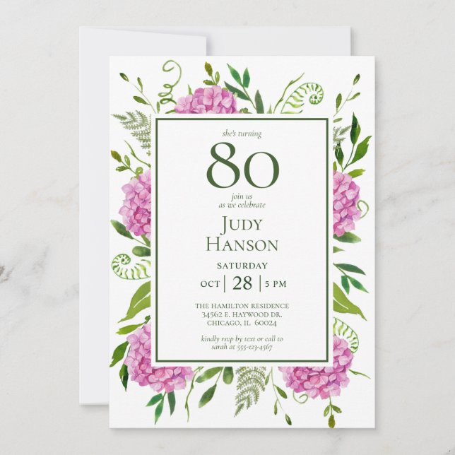 Invitación Hydrangeas rosadas por el 80 cumpleaños (Anverso)