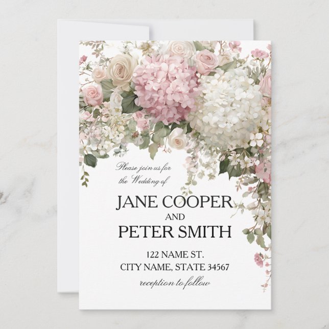 Invitación Hydrangeas y rosas pastel Bodas económicas (Anverso)