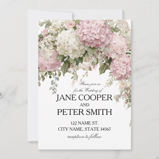 Invitación Hydrangeas y rosas pastel para boda económica (Anverso)
