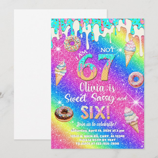 Invitación I am 6 not 7 girl 6th birthday invitation. (Anverso / Reverso)