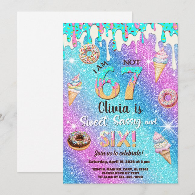 Invitación I am 6 not 7 girl 6th birthday invitation. (Anverso / Reverso)