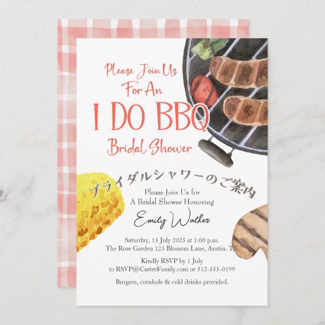 Invitación I Do BBQ Bridal Shower Grill Red Gingham Casual (Anverso / Reverso)