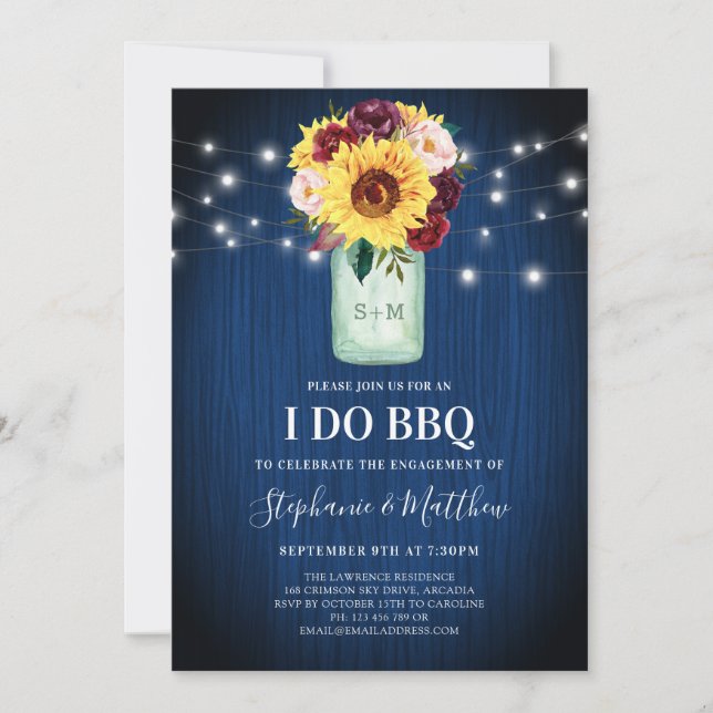 Invitación I Do BBQ Sunflower Mason Jar Luz de Madera Azul (Anverso)