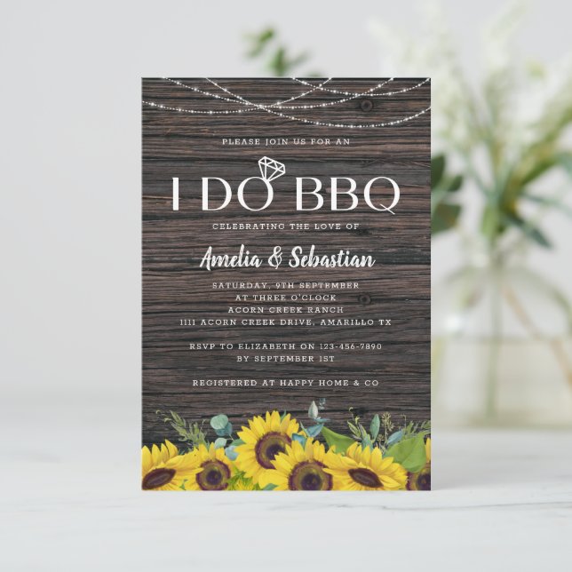 Invitación I Do BBQ Wood Lights Sunflower Bridal (Anverso de pie)