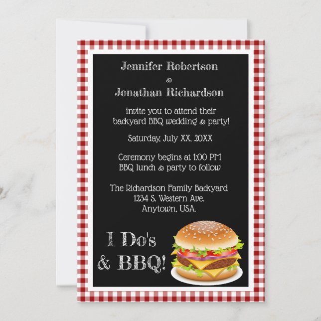 Invitación I Do y BBQ Red Gingham Hamburger Casual Boda (Anverso)