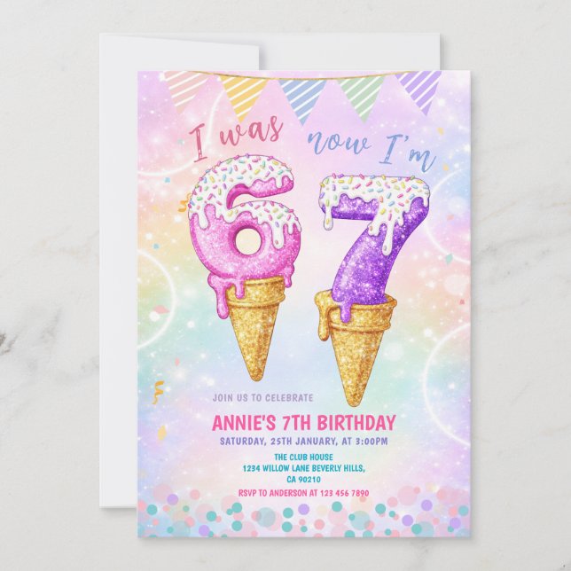 Invitación I Was 6 Now 7 Birthday Ice Cream Cone (Anverso)