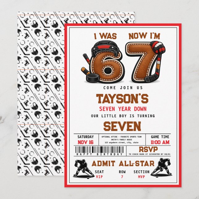 Invitación I Was 6, Now I’m 7 – Hockey 7th Birthday Party (Anverso / Reverso)