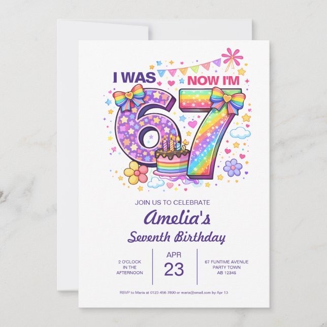 Invitación I Was 6 Now I'm 7 Girls 7th Birthday  (Anverso)