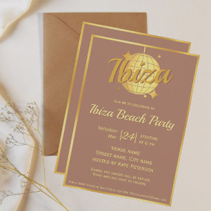 Invitación Ibiza temática eivissa oro disco bola mocha mousse