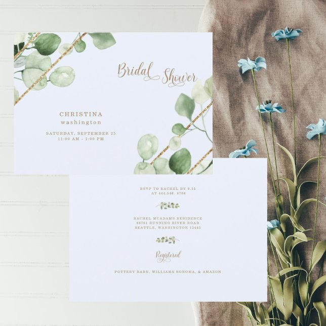 Invitación Ice Blue Eucalyptus Gold Text Shower (Subido por el creador)