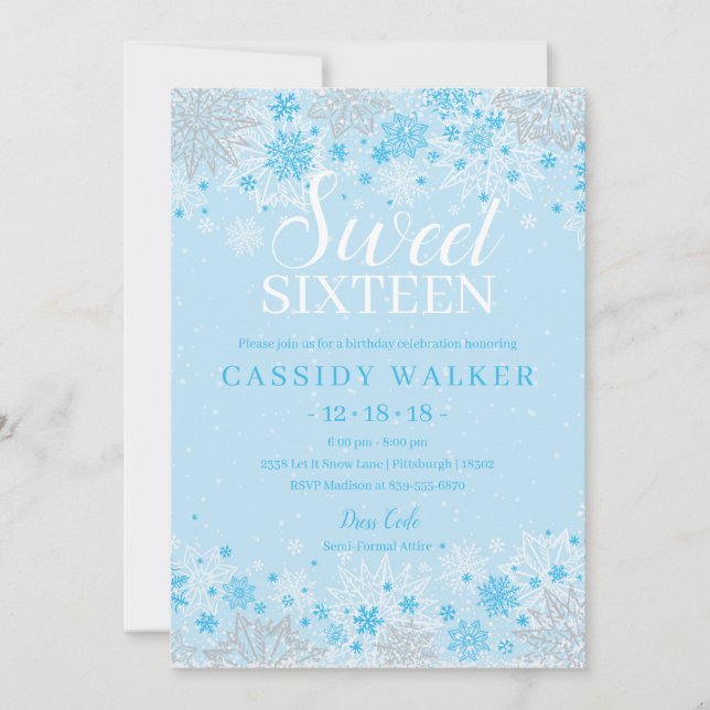 Invitación Ice Blue Snowflake Winter Wonderland Sweet 16 (Anverso)