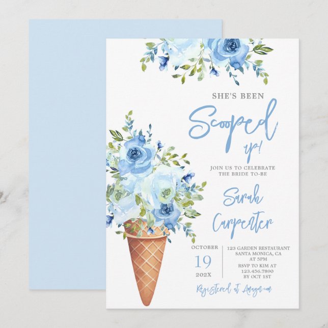 Invitación Ice Cream Blue Floral Bridal Shower (Anverso / Reverso)