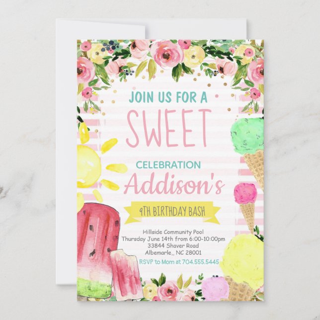Invitación Ice Cream Cumpleaños fiesta de la piscina de veran (Anverso)