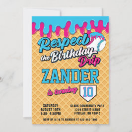 Invitación Ice Cream Drip Baseball Blue Pink Birthday Party