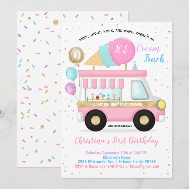 Invitación Ice Cream Drive By Birday Parade (Anverso / Reverso)
