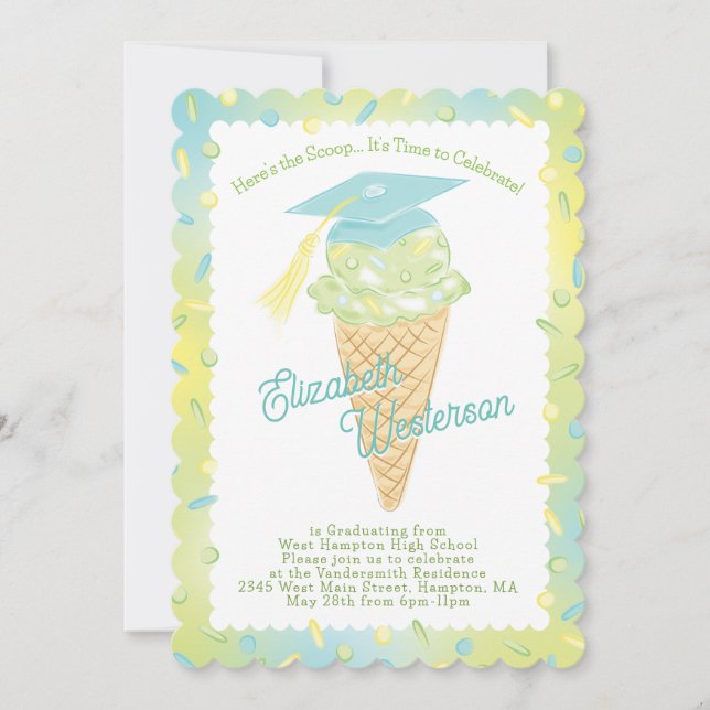 Invitación Ice Cream Graduation Party Green Blue (Anverso)