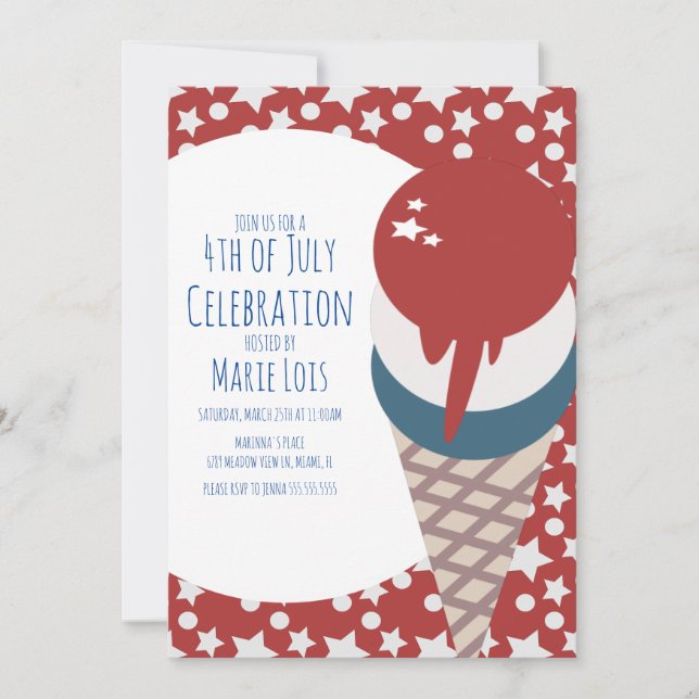 Invitación Ice Cream July 4th Stars and Dots Red  (Anverso)
