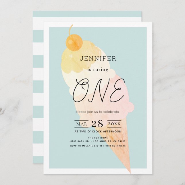 Invitación Ice Cream Light Blue 1er cumpleaños (Anverso / Reverso)