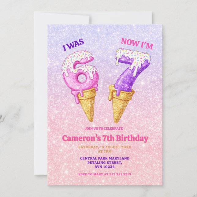 Invitación Ice Cream Pastel Glitter 6-7 Kids Birthday Party (Anverso)