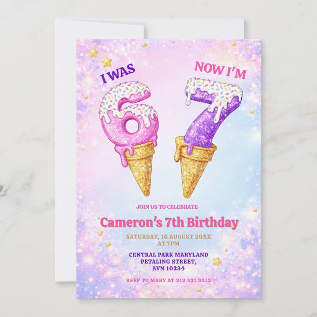 Invitación Ice Cream Pastel Sparkle 6-7 Kids Birthday Party (Anverso)
