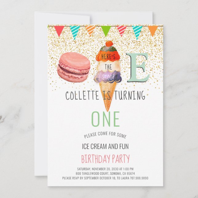 Invitación Ice Cream Primer Fiesta de Cumpleaños (Anverso)