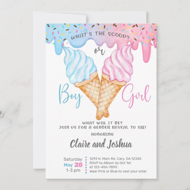 Invitación Ice Cream Scoops Gender Reveal invitation. (Anverso)