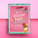 Invitación Ice Cream Scoops Kids Cuarto Fiesta de cumpleaños<br><div class="desc">Grito,  Gritas,  Todos Gritamos Cuatro Helados. Personalizable Invitaciones para fiestas de cumpleaños con tema helado para chicas o niños que cumplen cuatro años. Colores pasteles y helados sonrientes para una celebración fresca y divertida. Verde con cono abstracto gráfico en la parte posterior.</div>