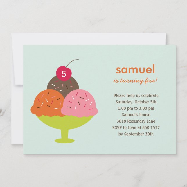 Invitación Ice Cream Sundae Fiesta de Cumpleaños (Azul) (Anverso)