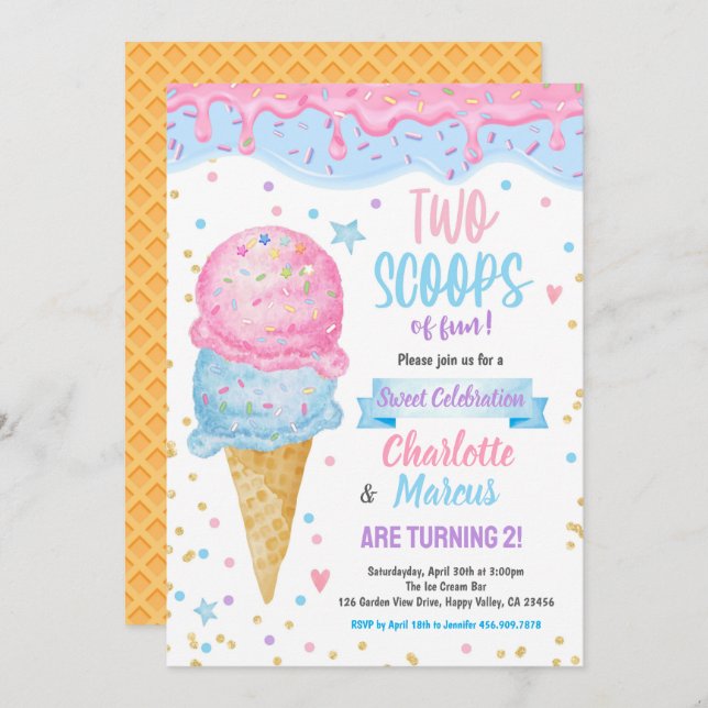 Invitación Ice Cream Twins Boy Girl Birthday Party Pink Blue (Anverso / Reverso)