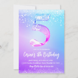 Invitación Ice number white glitter Girl 5th Birthday